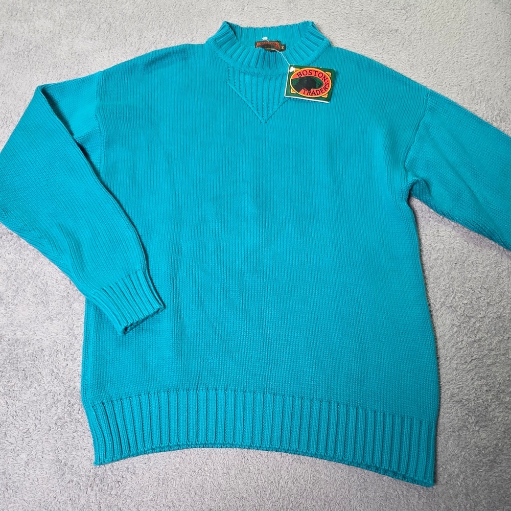 Boston Traders Mens M Sweater Turquoise Blue Cotton Ribbed Mock Neck V-Stitch